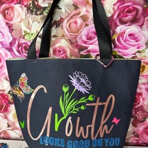 Navy Tote Bag with Green & Yellow Stripes Accent Pocket and Growth Graphic